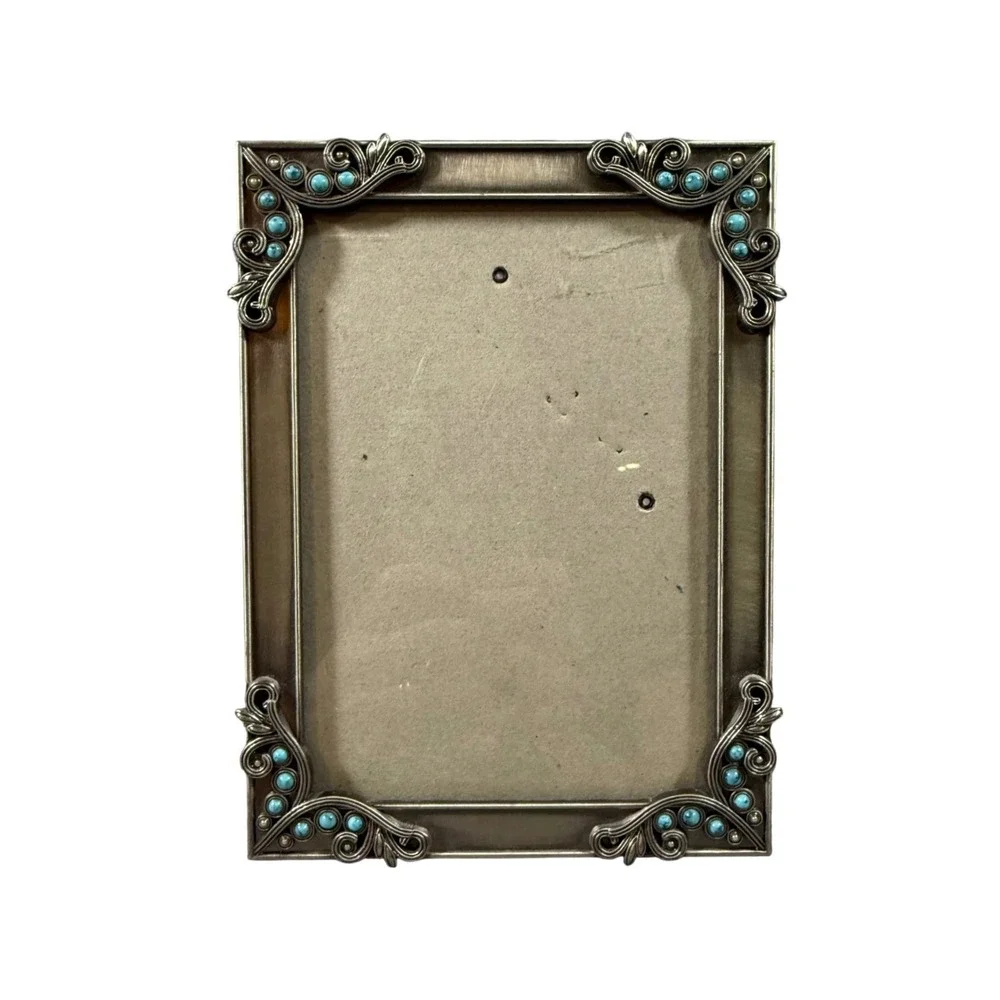 Decorel Picture Frame 5.5x7.5 Antique Silver Turquoise Beads Ornate Filigree